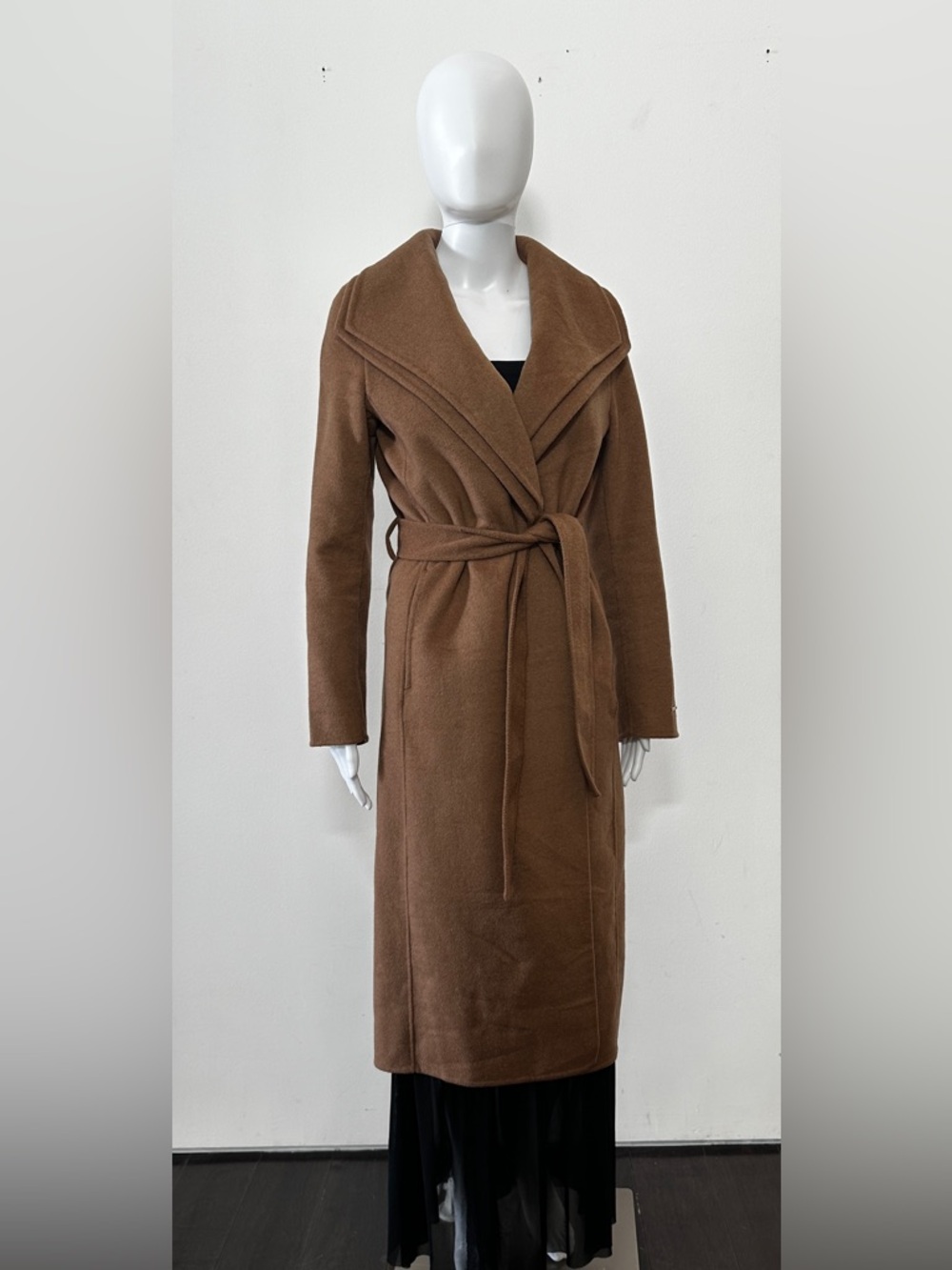 Tahari Neutral Camel Wool Blend Belted Wrap Coat Long Shawl Wing Collar XS